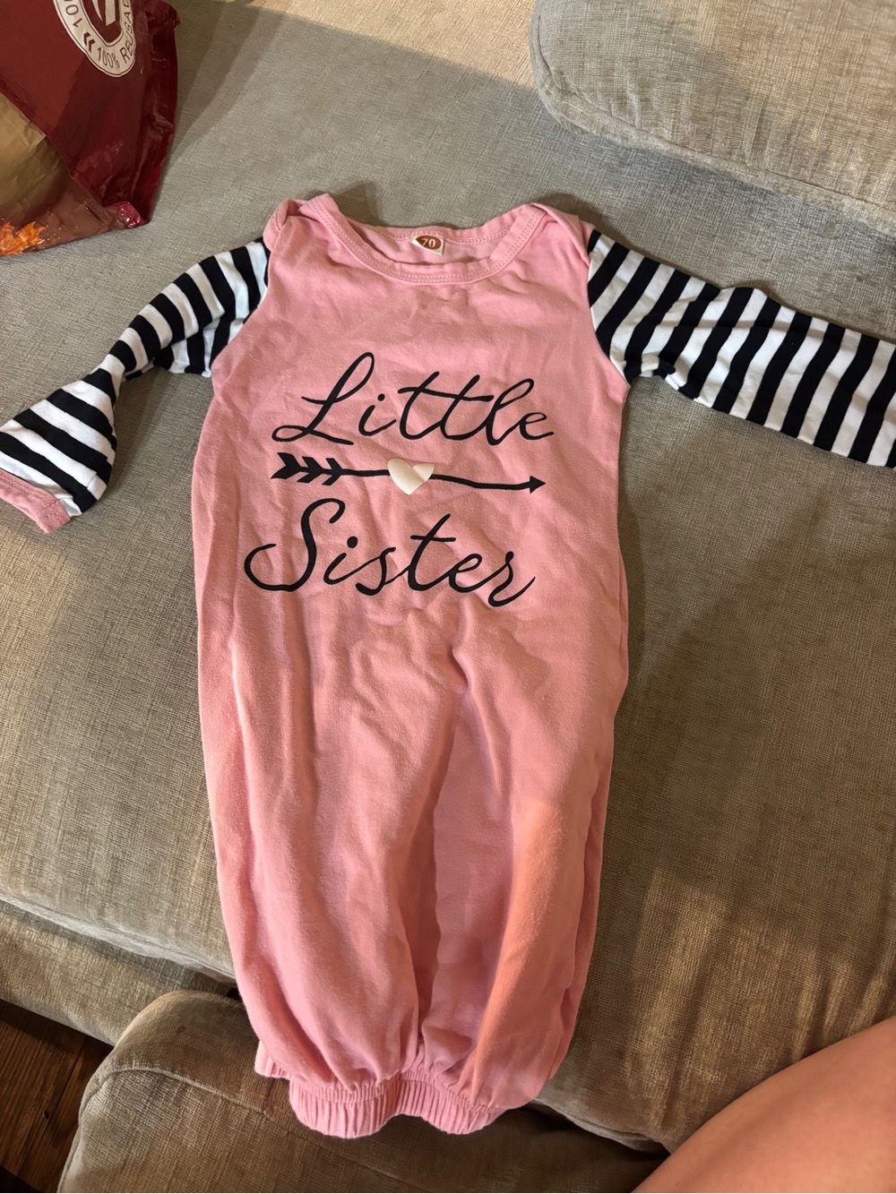 Baby Girl Pink “Little Sister” Gown Size 70 6-9M Black White Striped Sleeves
